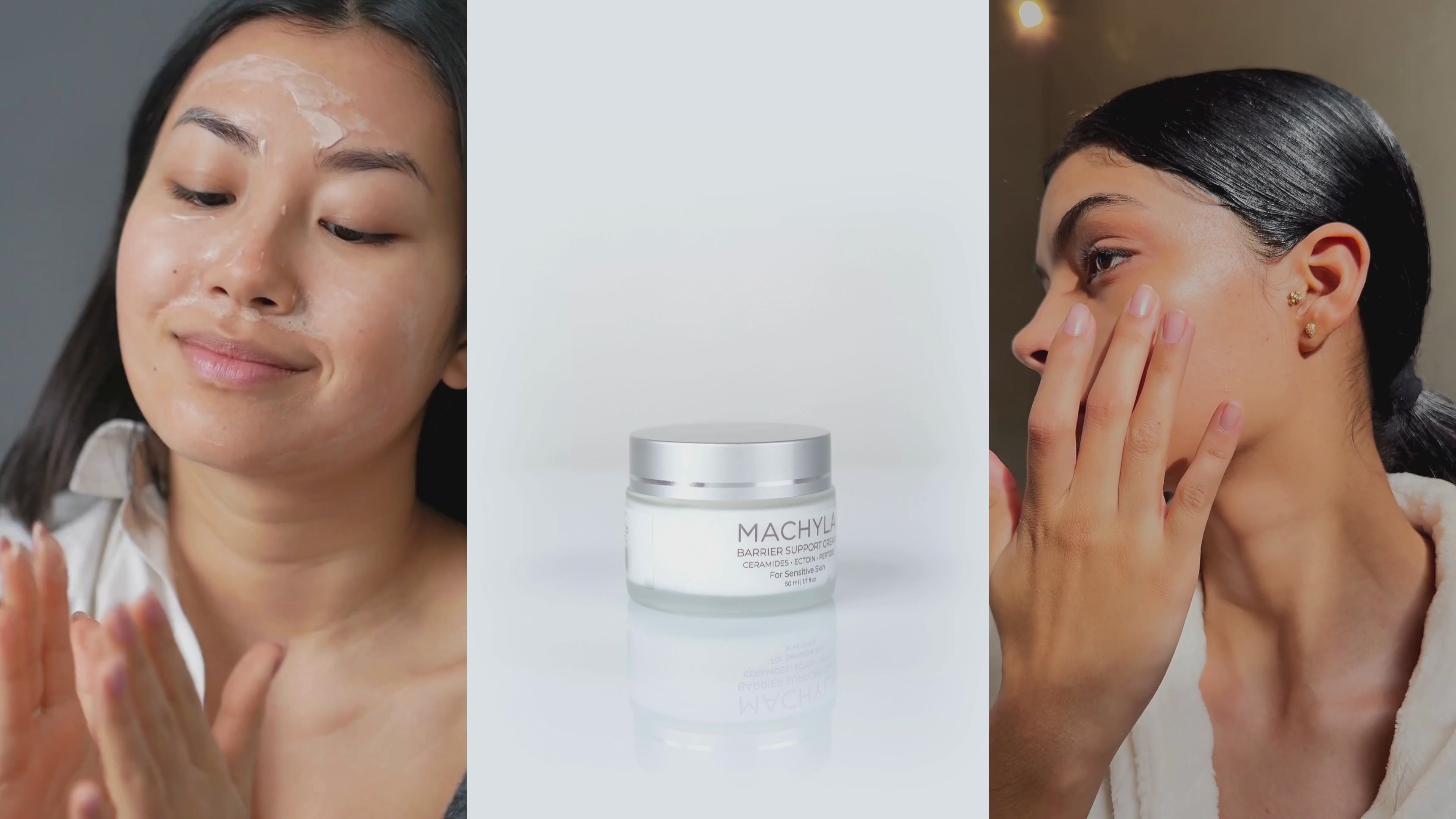 Load video: 360-degree view of the MACHYLA Barrier Support Cream frosted glass jar and premium packaging.